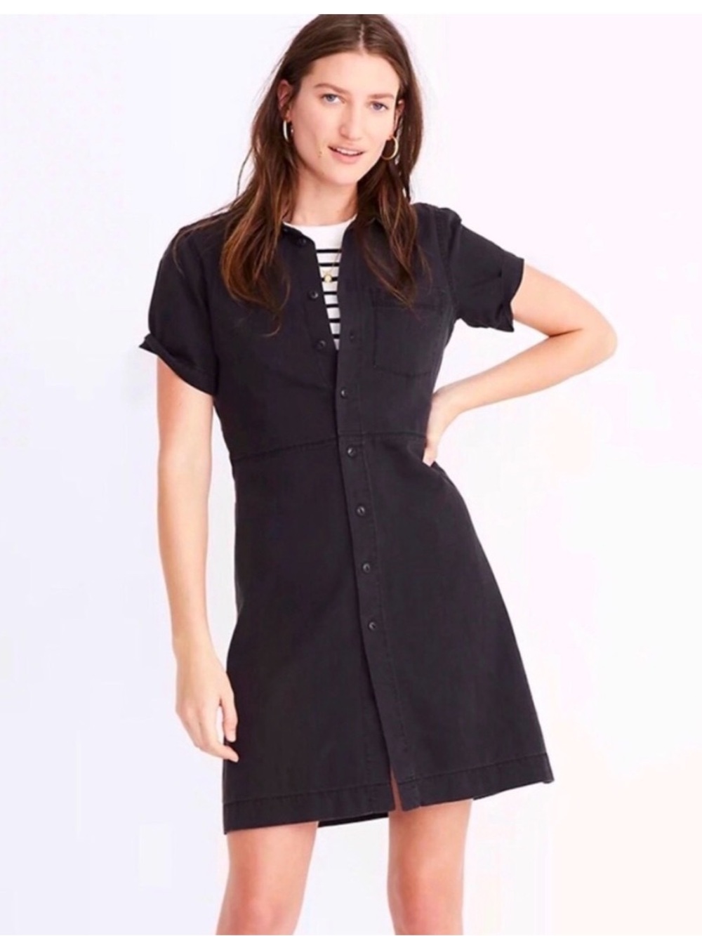Madewell Black Short-Sleeve Button-Front Mini Shirt Dress Cotton Large Denim